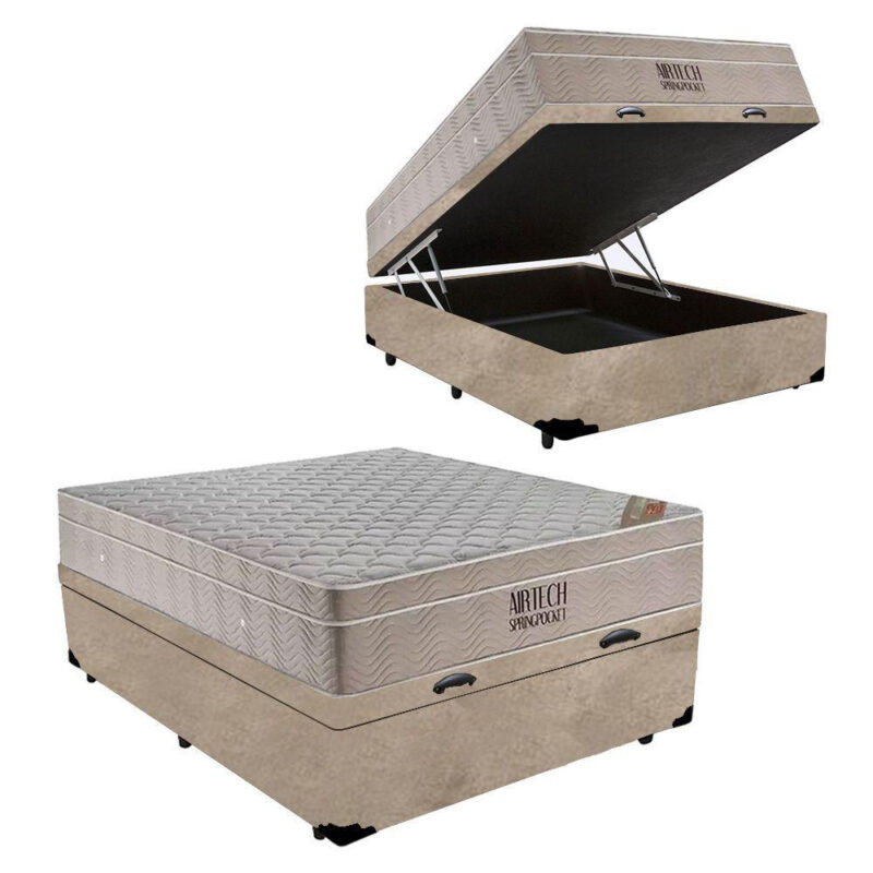 Cama Box Baú Casal Colchão Molas 69X138X188 Bege