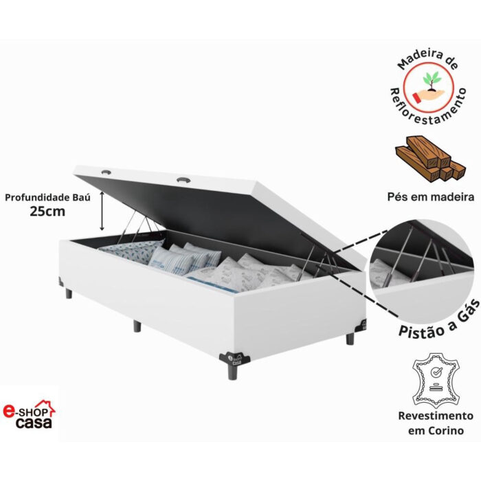 Cama Box Baú + Colchão D33 One Face - 61cm de altura - Couro Branco - Vários Tamanhos - - Image 8