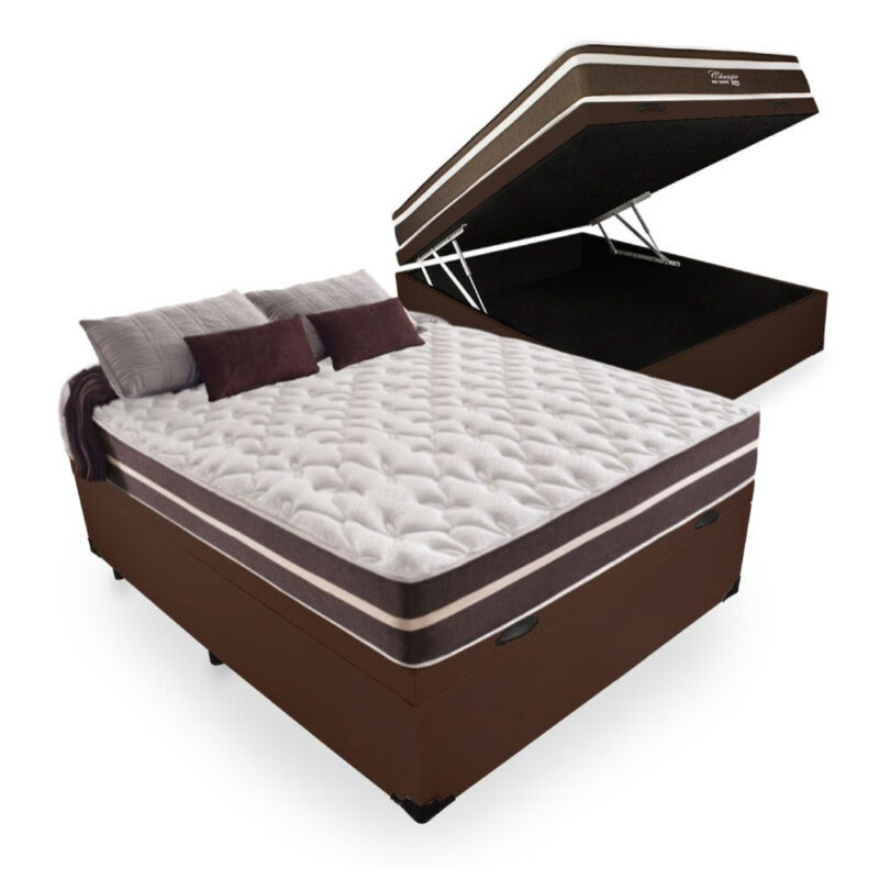 Cama Box Baú Casal 138 Tecido Sintético Branco com Colchão Little Angel - Mola Superlastic 62x138x188cm