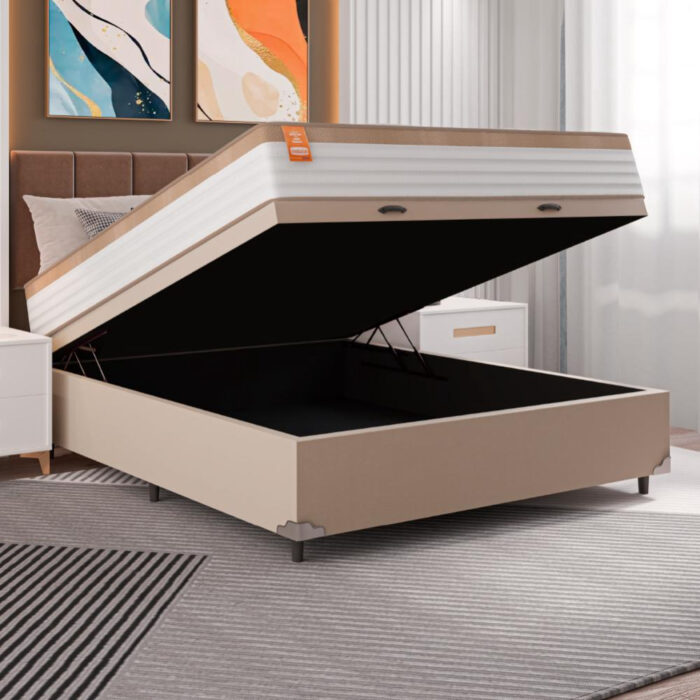 Cama Box Baú Casal Colchão Molas Ensacadas Real 138x188x68cm Branco / Bege - Suporta até 130Kg - Image 4