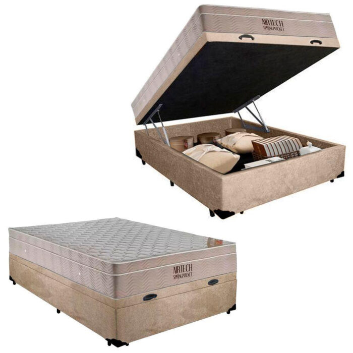 Cama Box Baú Casal Suede + Colchão Casal Molas Ensacadas Airtech Springpocket 69x138x188 Suede Bege - Image 6