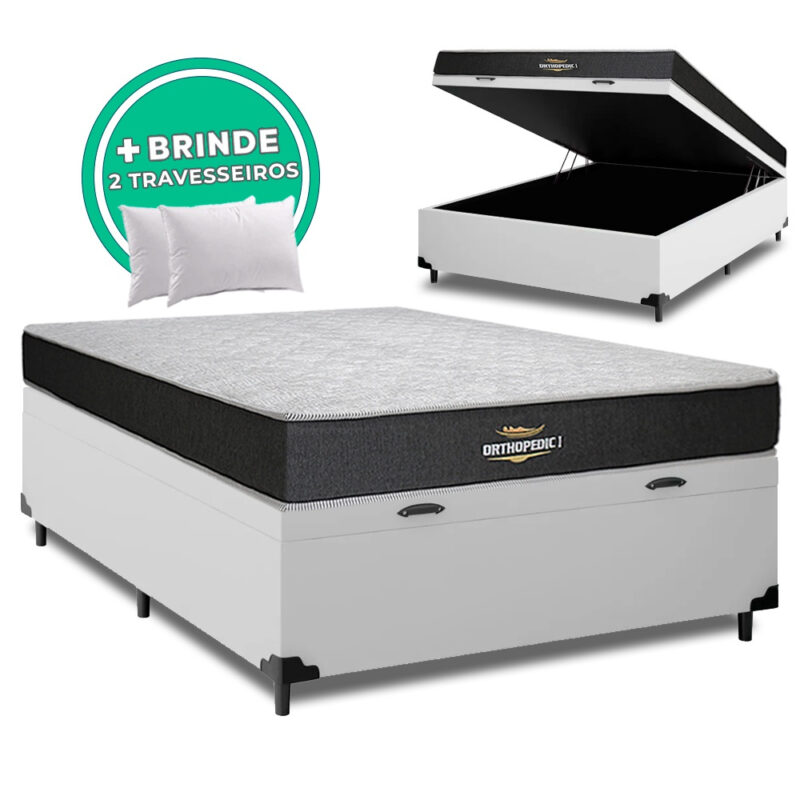 Cama Box Baú Casal + Colchao de Espuma D33 Orthopedic I 138x188x62cm + 2 Travesseiros