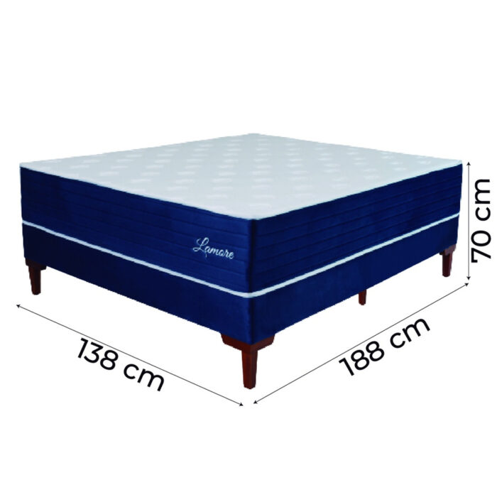 Cama Box Casal Colchão Molas Ensacadas Lamore 138x188x70cm Azul Veludo/Malha Branca - Suporta até 110kg por Pesso - Image 4