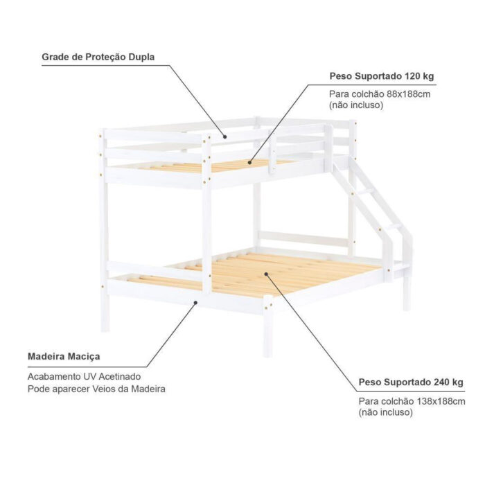 Beliche Com Cama Casal Slim Rb Madeira Maciça Branco Housin - Image 4