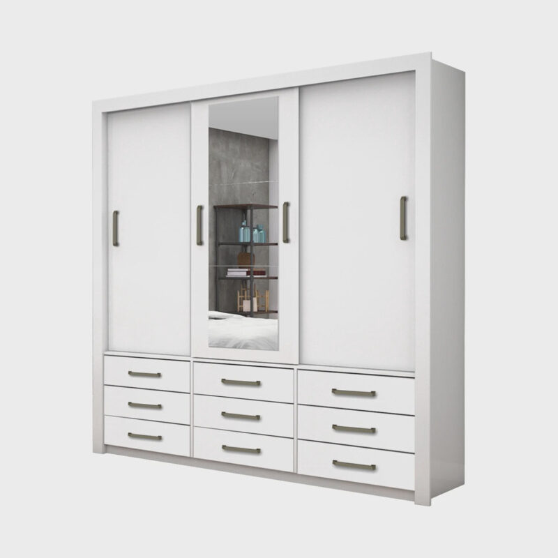 Guarda Roupa Casal com Espelho 3 Portas de Correr Anjos Branco