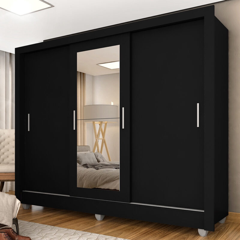 Guarda Roupa Casal Amanda 3 Portas Esp Menor Preto Fosco