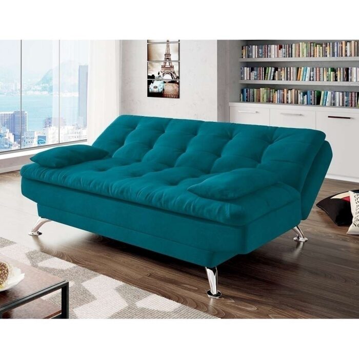 Sofá-Cama Casal 3 Lugares Premium A2 Suede Azul Turquesa - Image 3
