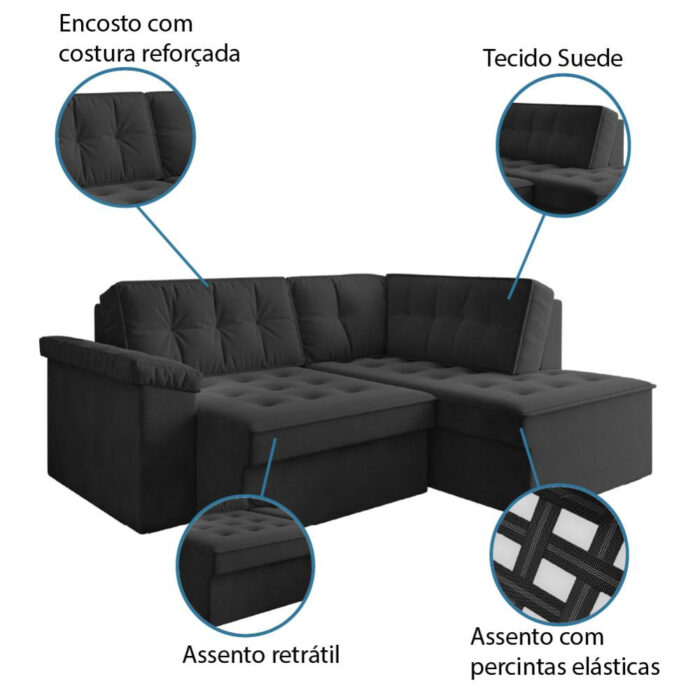 Sofá de Canto Retrátil 5 Lugares Grécia Cinza Suede - Image 3