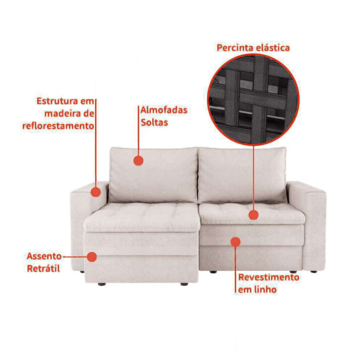 Sofá 3 Lugares Retrátil Berna Linho Cru 180 cm - Image 3