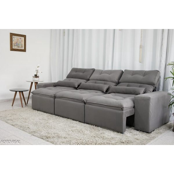 Sofá Retrátil e Reclinável 2,75m c/ 05 Lugares em Tecido Suede Cinza - Com Porta Copos Incluso